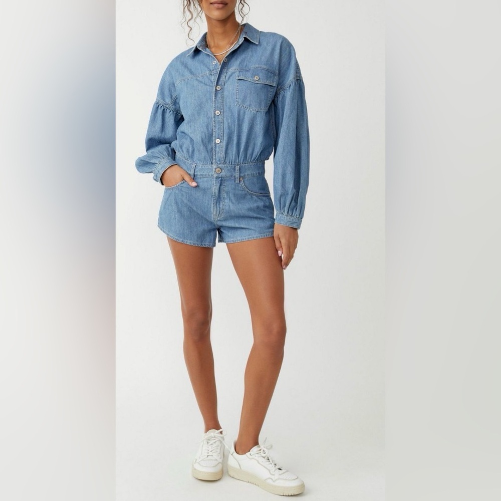 Free People Blue Denim Short Romper